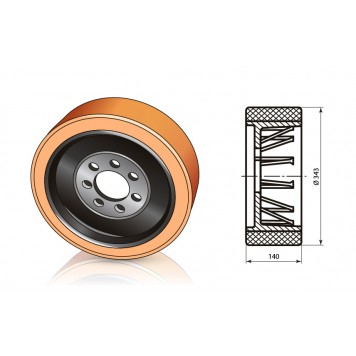 Ведущее колесо для ричтрака, штабелера, 343 x 140 мм, 7 отверстий Crown, 807557-3